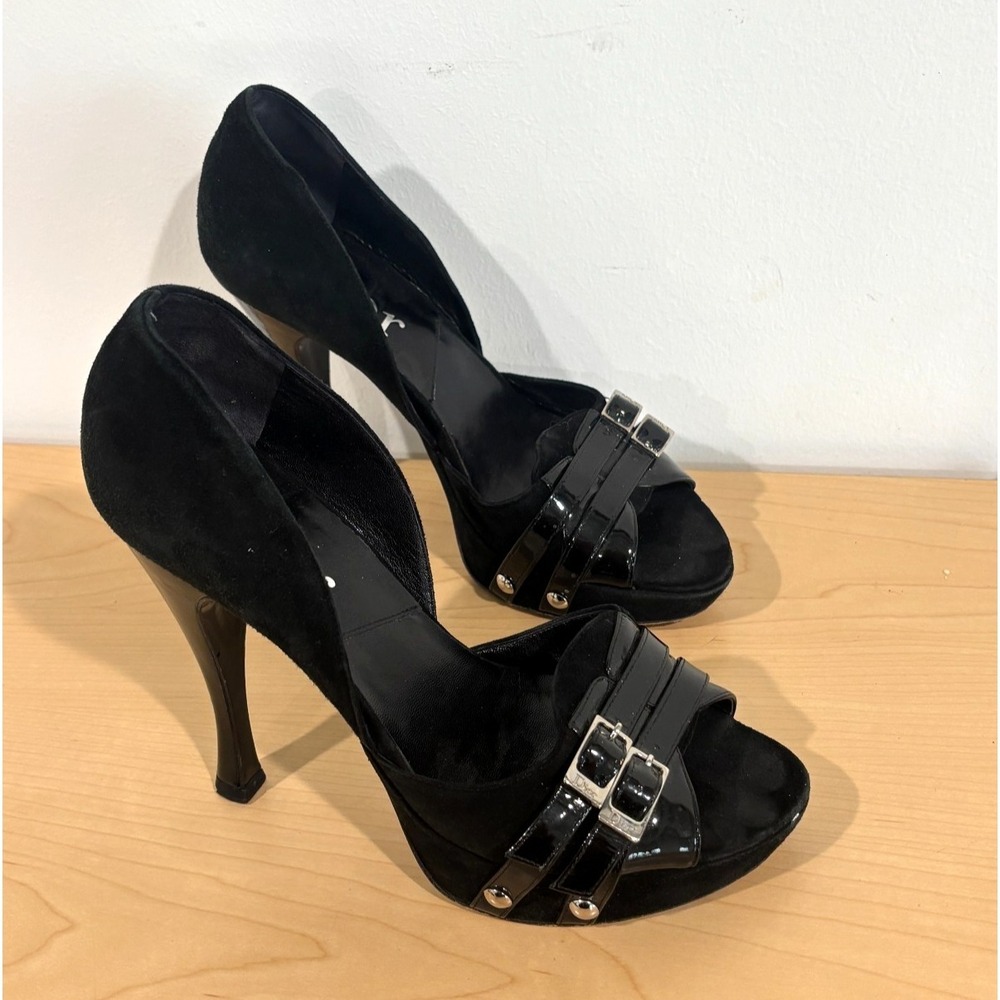 Vintage Christian Dior Black Suede Patent Buckle Heels Peep Toe Pumps 37